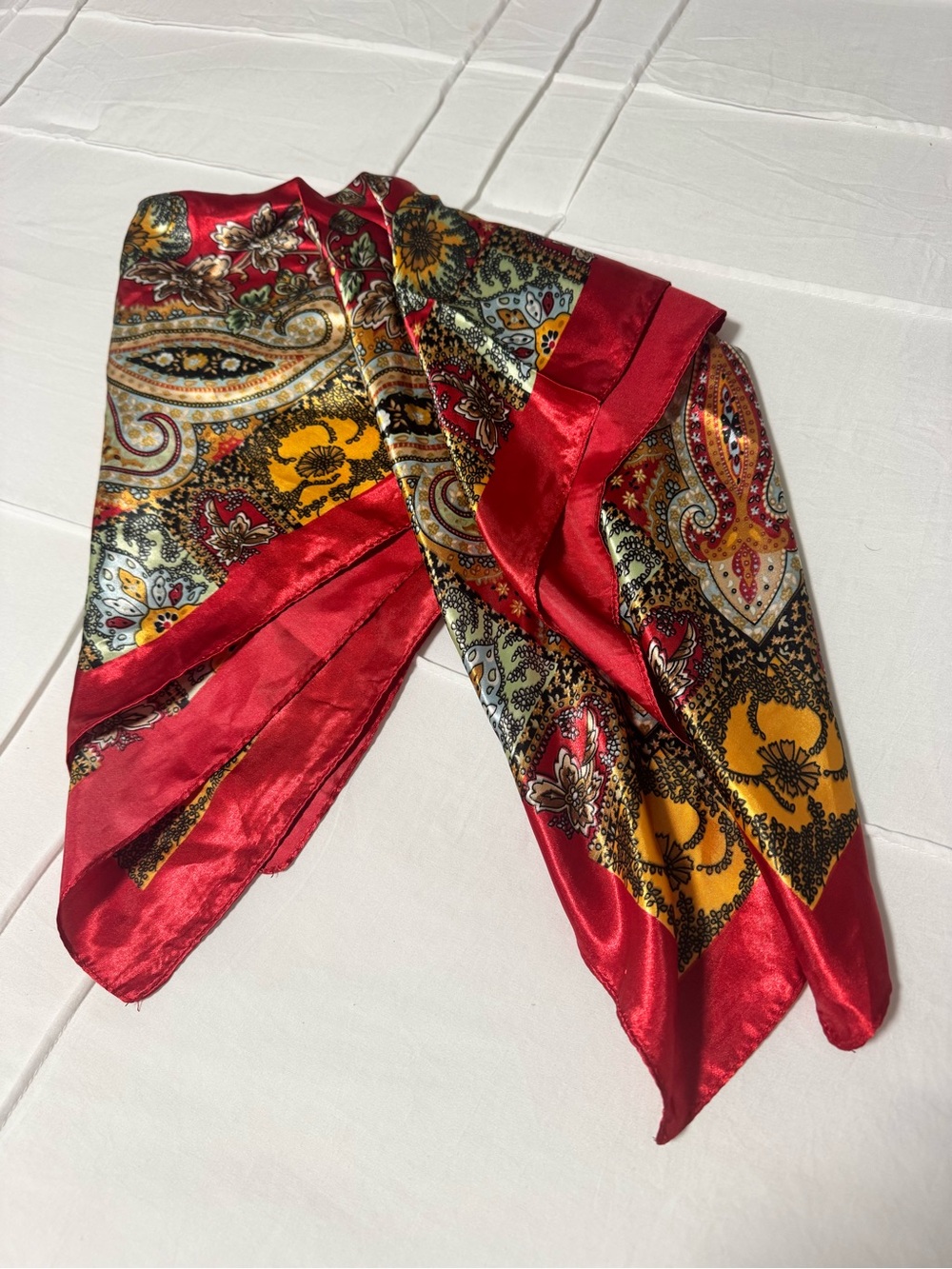 Red Paisley Satin Scarf with Yellow Accents